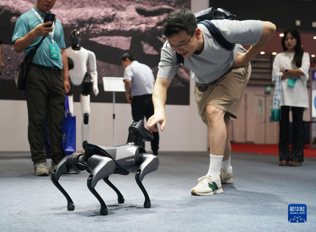 　8月16日，观众在2023世界机器人大会现场与一款仿生四足机器人互动。新华社记者 任超 摄